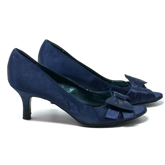 Rampage Kandice Blue Open Toe Fabric Tuxedo Bow Heels Size 8 - Picture 2 of 10